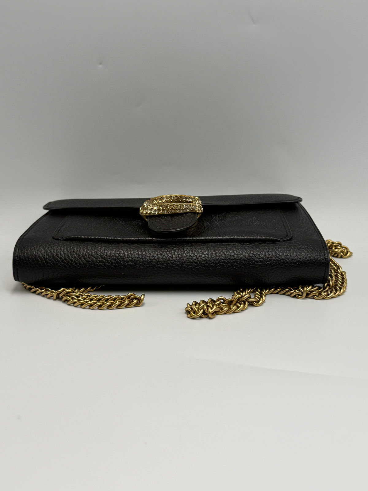 Coach Tabby Chain Clutch / Wallet on Chain with Crystal 'C' in Black Polished Pebble Leather