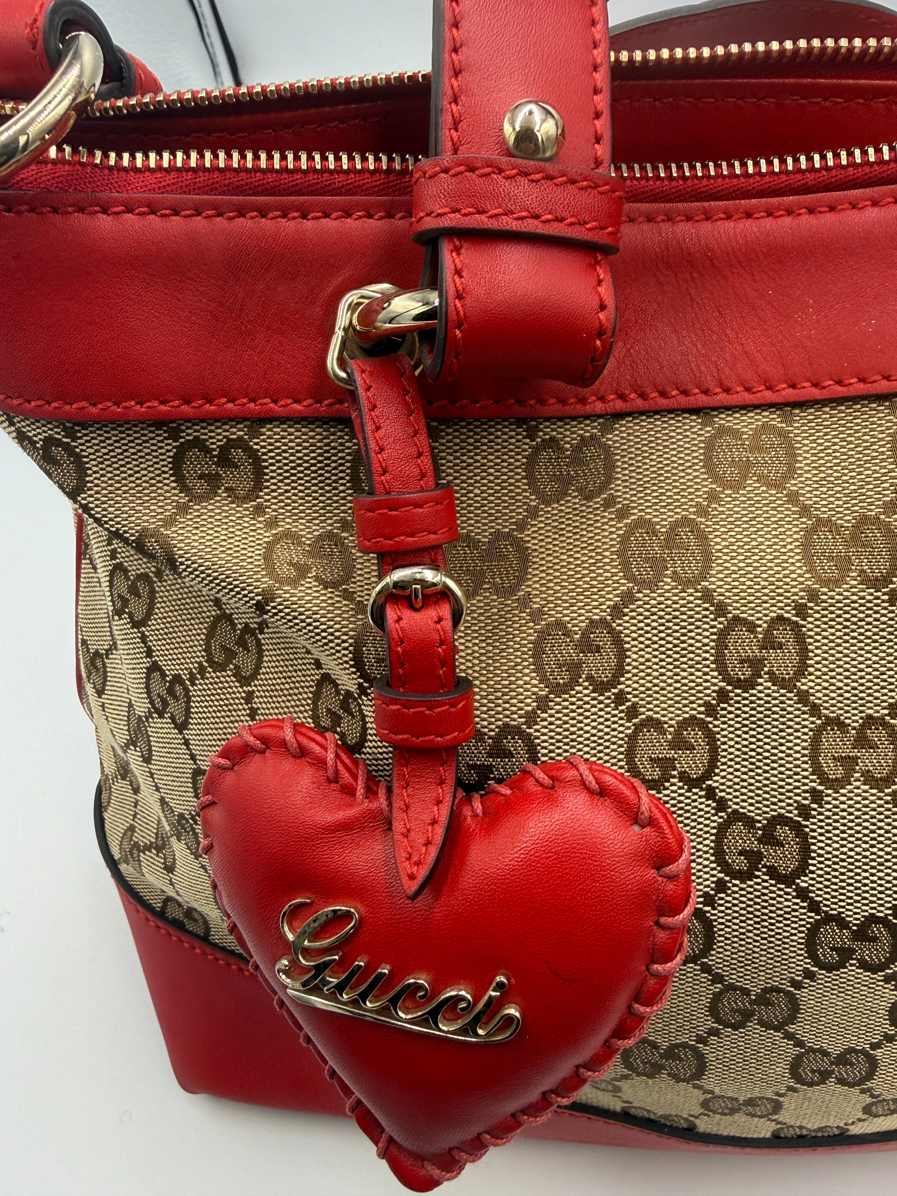 Gucci GG Canvas & Red Leather Heart Charm Shoulder Bag
