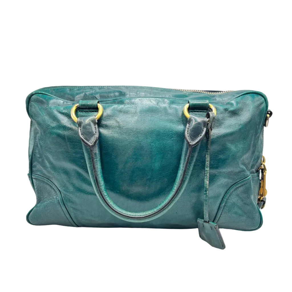 Prada Vitello Shine Teal Green Leather Satchel Bag