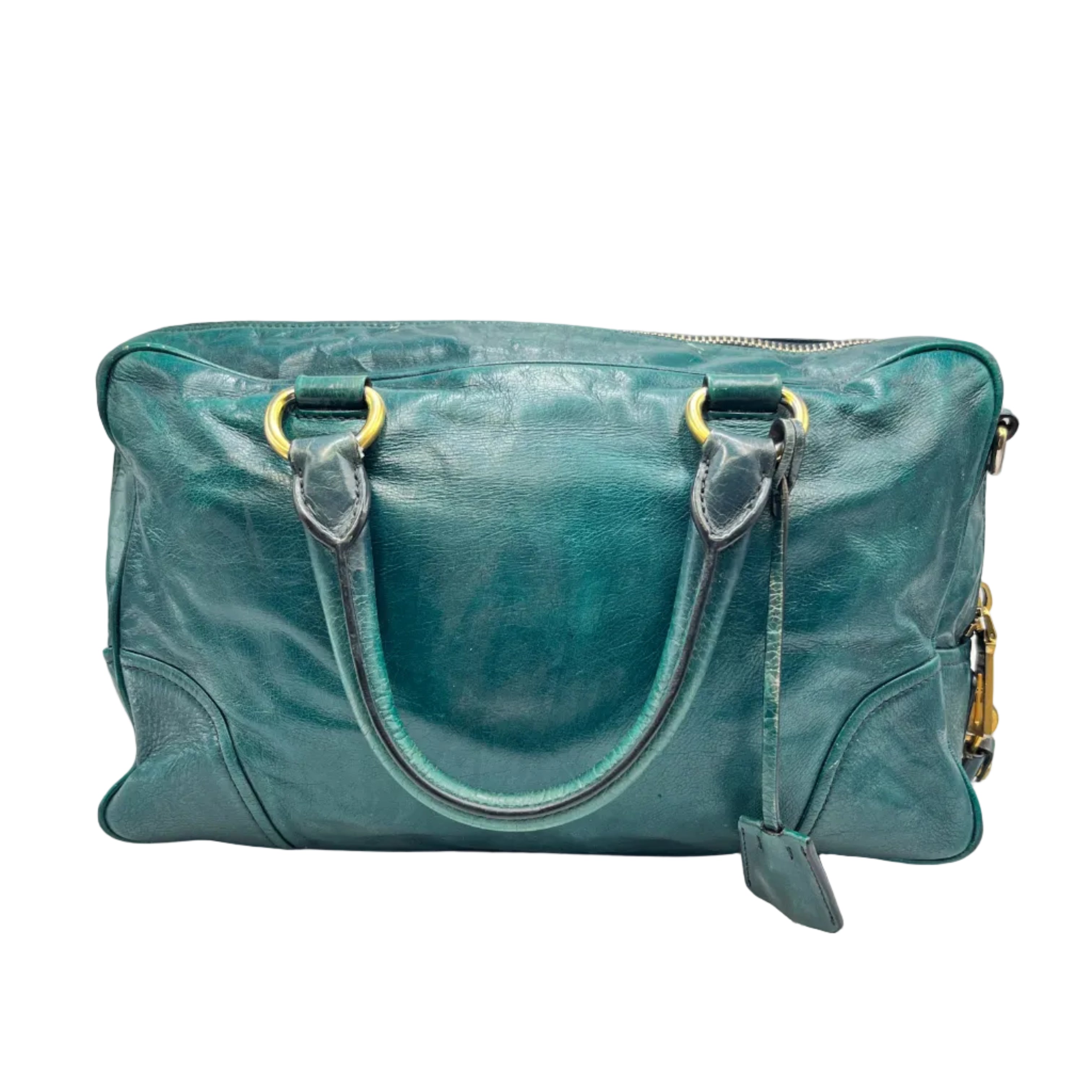 Prada Vitello Shine Teal Green Leather Satchel Bag