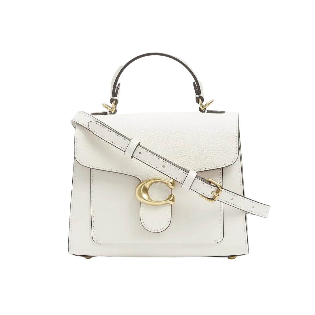 A structured white leather handbag with a top handle, a diagonal shoulder strap, and a prominent gold-tone 'C' logo clasp on the front flap, set against a plain white background.