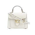 A structured white leather handbag with a top handle, a diagonal shoulder strap, and a prominent gold-tone 'C' logo clasp on the front flap, set against a plain white background.