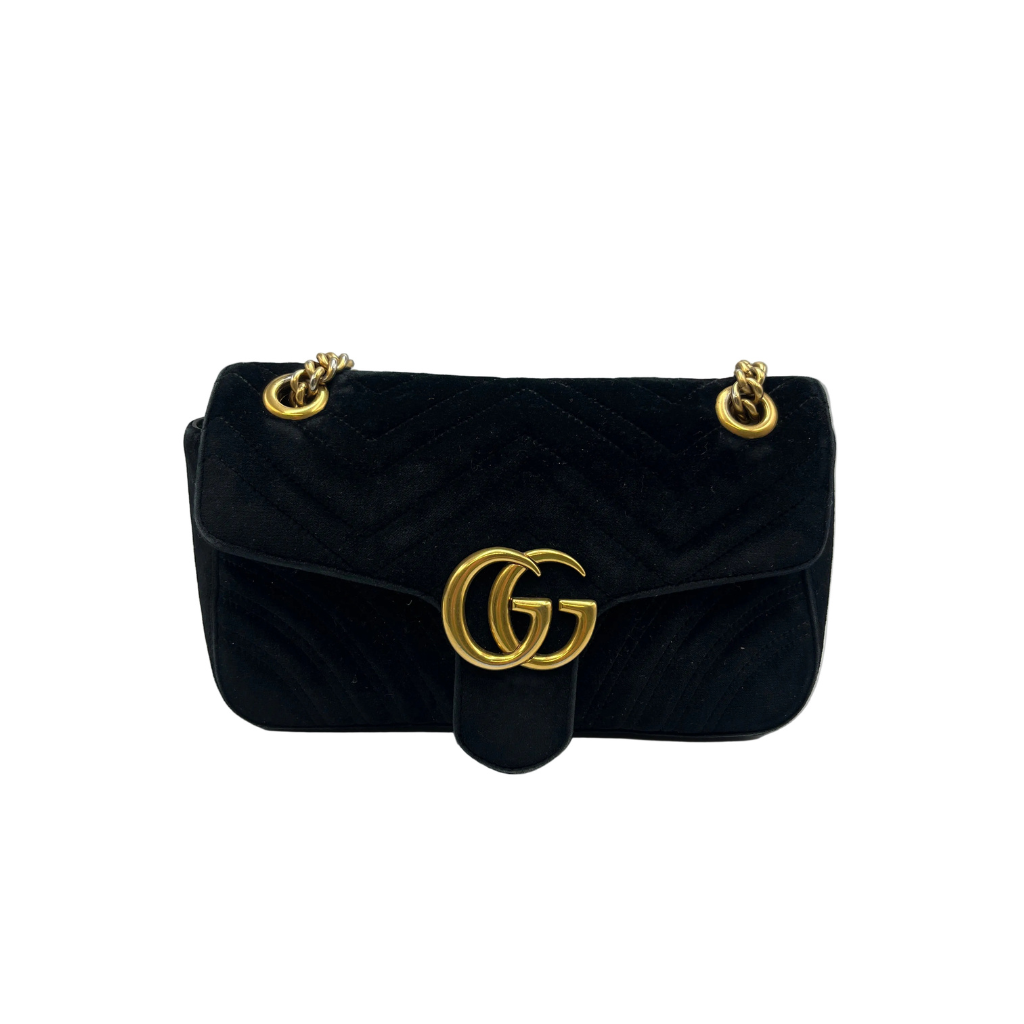 Gucci GG Marmont Small Velvet Shoulder Bag Black with Gold Hardware