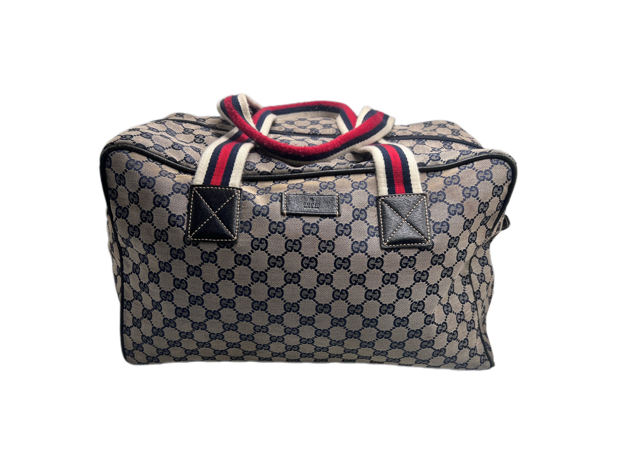 Gucci Vintage Navy GG Canvas Web Boston Duffle Bag with Red/Navy Web Stripe | Designer Resale