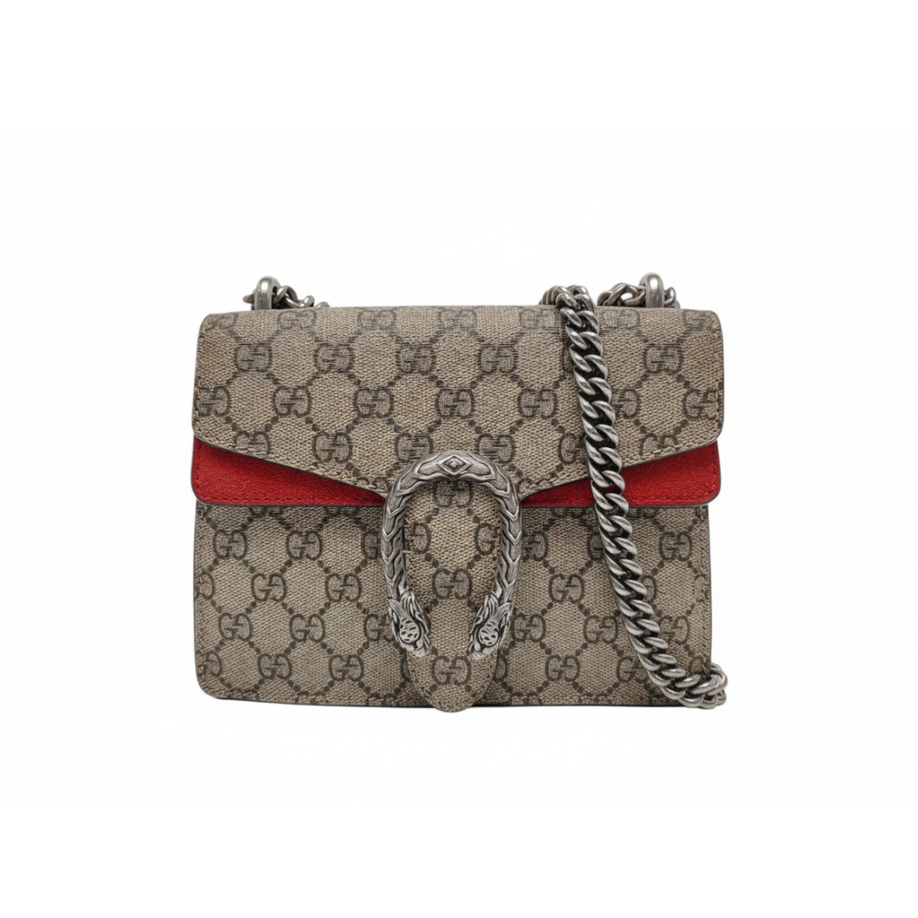 preloved authentic Gucci dionysus small size crossbody handbag with red suede interior and silver chain strap on gg canvas and tiger head silver hardware 