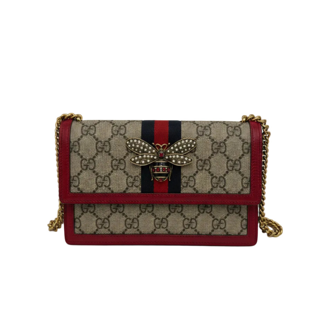 authentic preloved gucci gg canvas with class bee and red leather trim with gold hardware shoulder crossbody strap for sale at great condition 