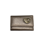 Silver wallet with a heart-shaped logo on a white background
