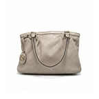 Beige handbag with a brand logo on a white background