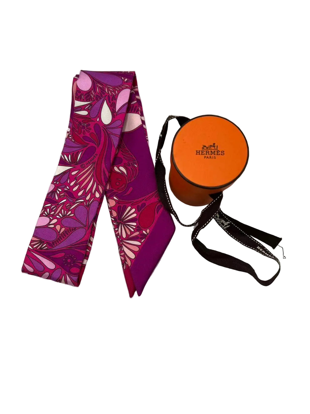 authentic preloved Hermes scarf with a matching round pouch in very good condition