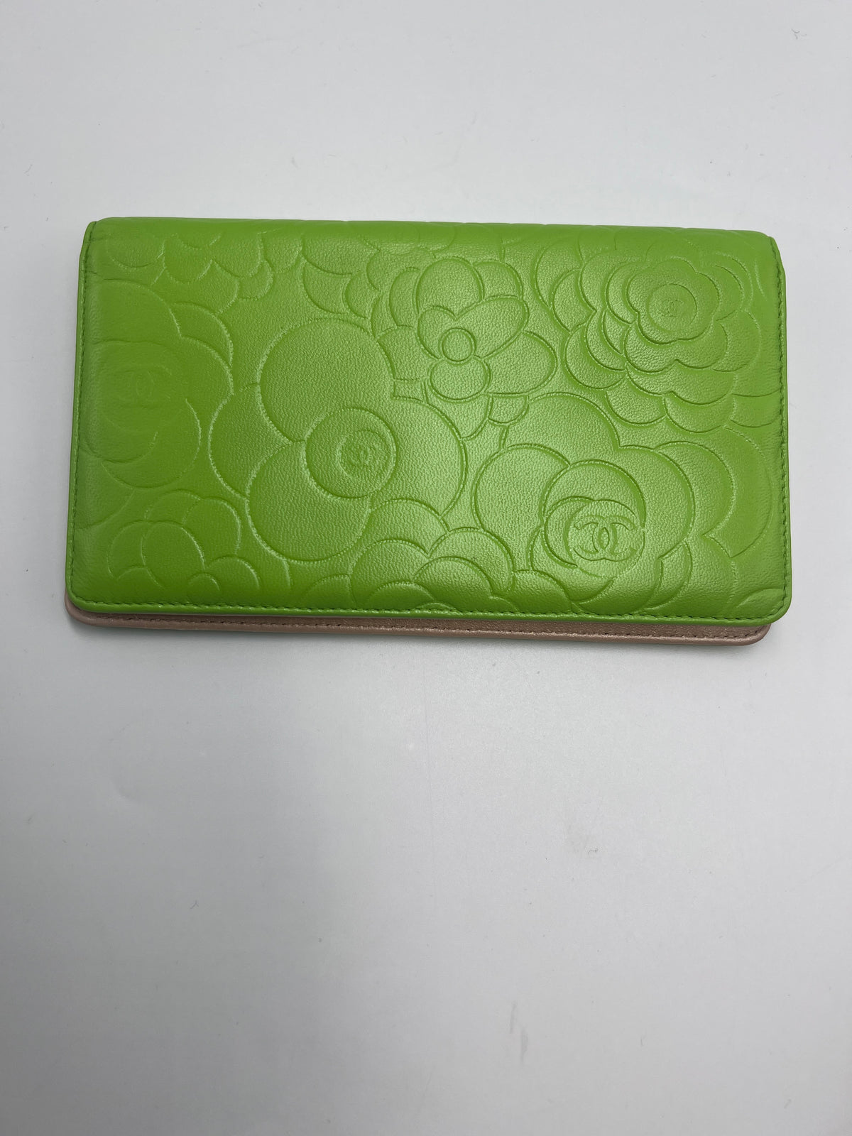 Chanel Camellia Embossed Leather Flap Long Wallet Lime Green