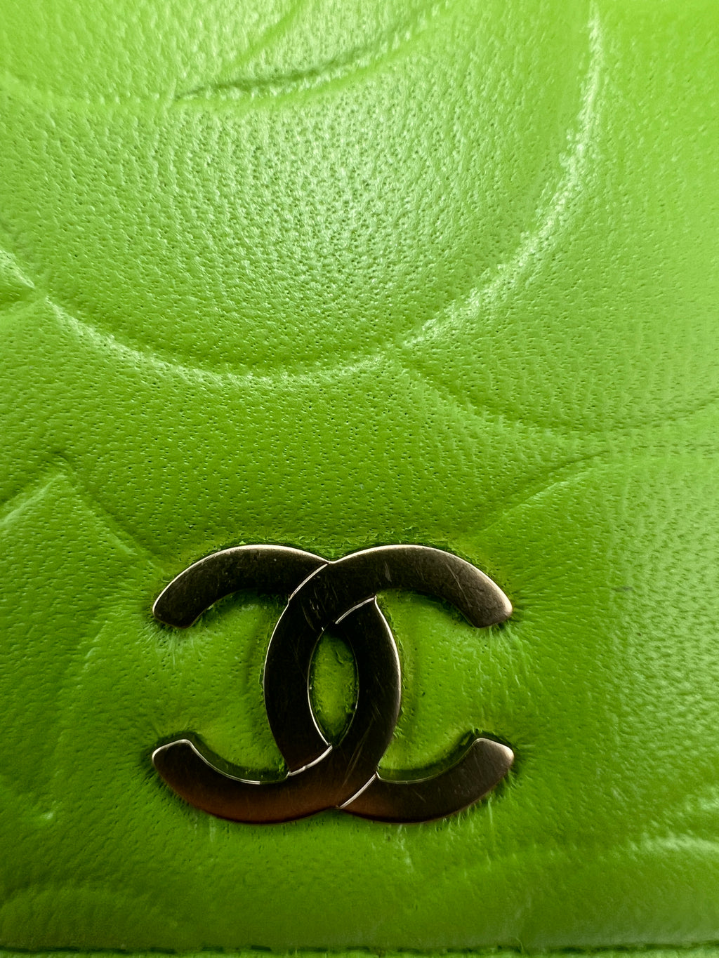 Chanel Camellia Embossed Leather Flap Long Wallet Lime Green