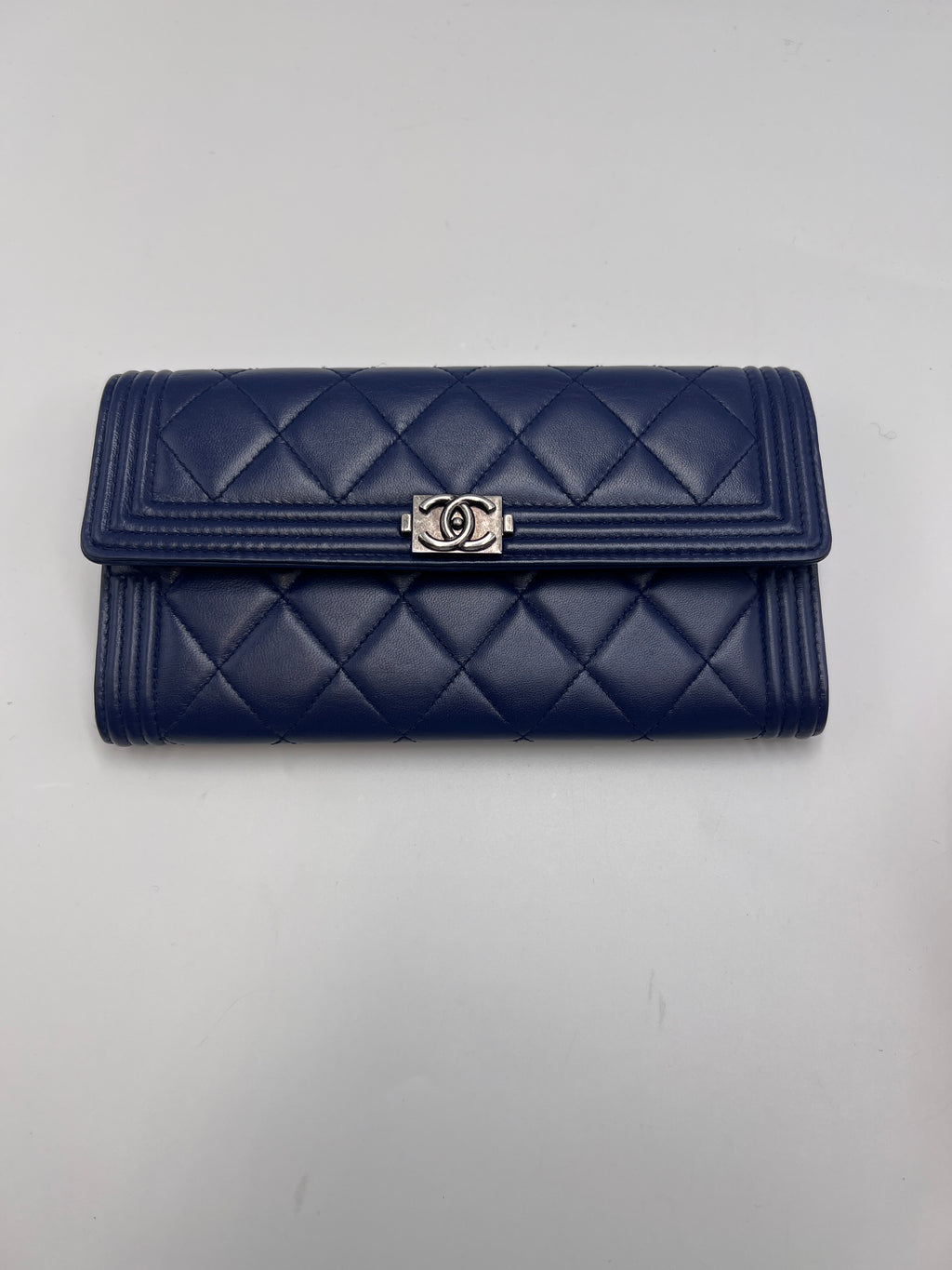 Chanel Boy Chanel Quilted Leather Flap Long Wallet Navy Blue