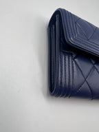 Chanel Boy Chanel Quilted Leather Flap Long Wallet Navy Blue