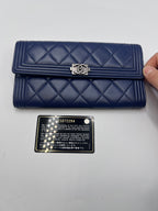 Chanel Boy Chanel Quilted Leather Flap Long Wallet Navy Blue