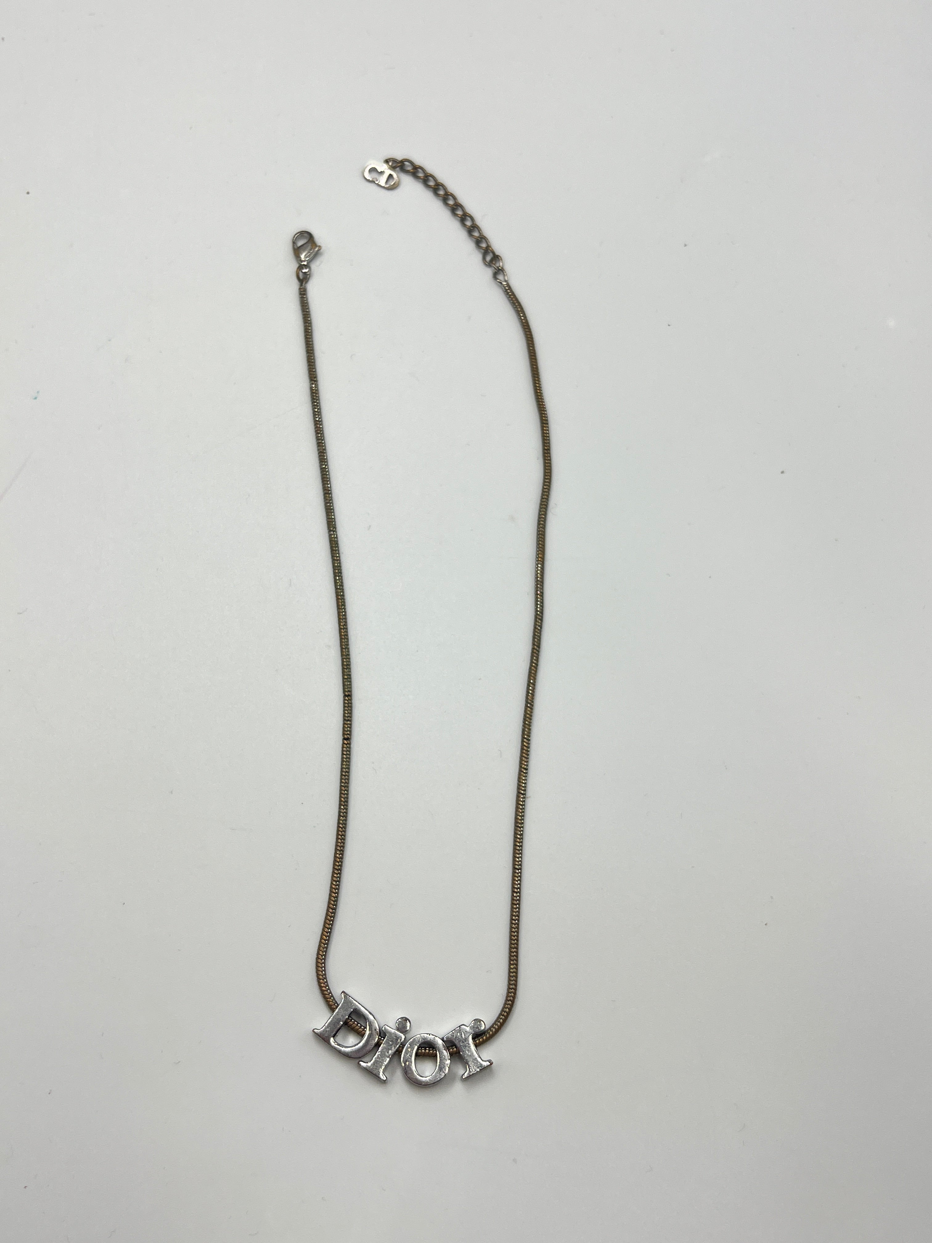 Christian Dior Vintage Silver-Tone "Dior" Script Logo Pendant Necklace