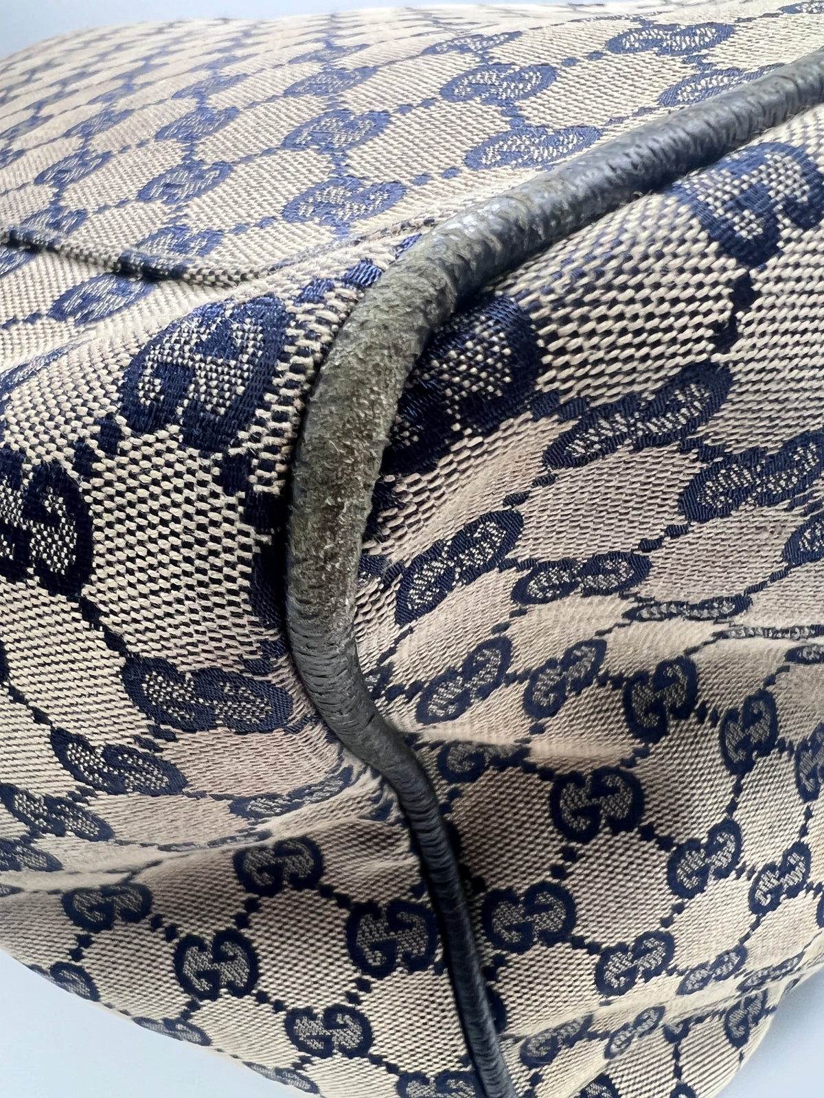 Gucci Vintage Navy GG Canvas Web Boston Duffle Bag with Red/Navy Web Stripe | Designer Resale
