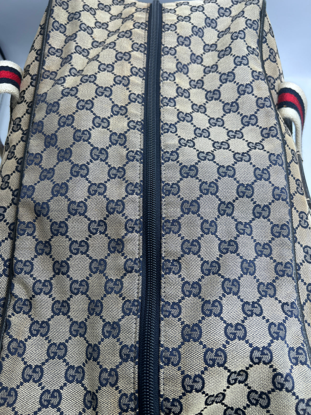 Gucci Vintage Navy GG Canvas Web Boston Duffle Bag with Red/Navy Web Stripe | Designer Resale