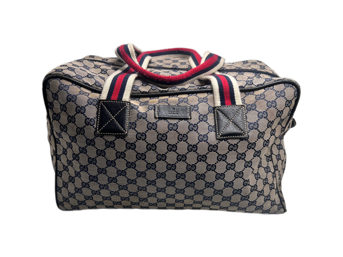 Gucci Vintage Navy GG Canvas Web Boston Duffle Bag with Red/Navy Web Stripe | Designer Resale