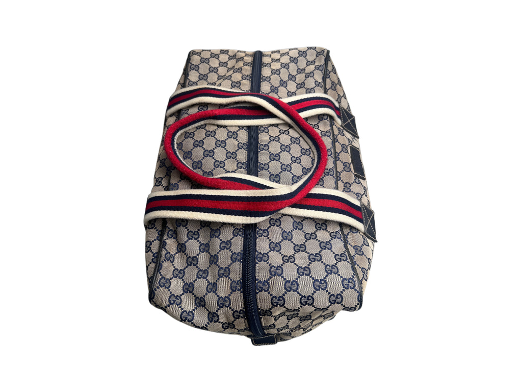 Gucci Vintage Navy GG Canvas Web Boston Duffle Bag with Red/Navy Web Stripe | Designer Resale