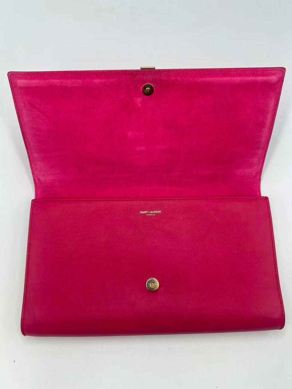 Saint Laurent Ligne Y Clutch – Fuchsia Pink Calfskin Leather – Classic Gold Y-Hardware