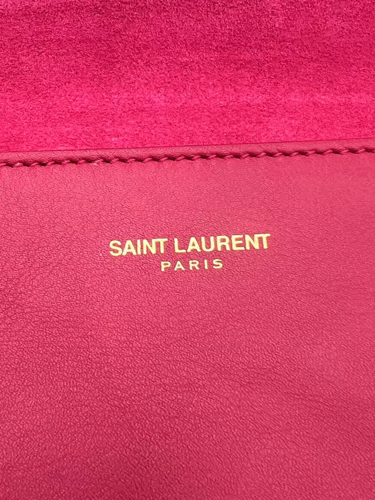 Saint Laurent Ligne Y Clutch – Fuchsia Pink Calfskin Leather – Classic Gold Y-Hardware