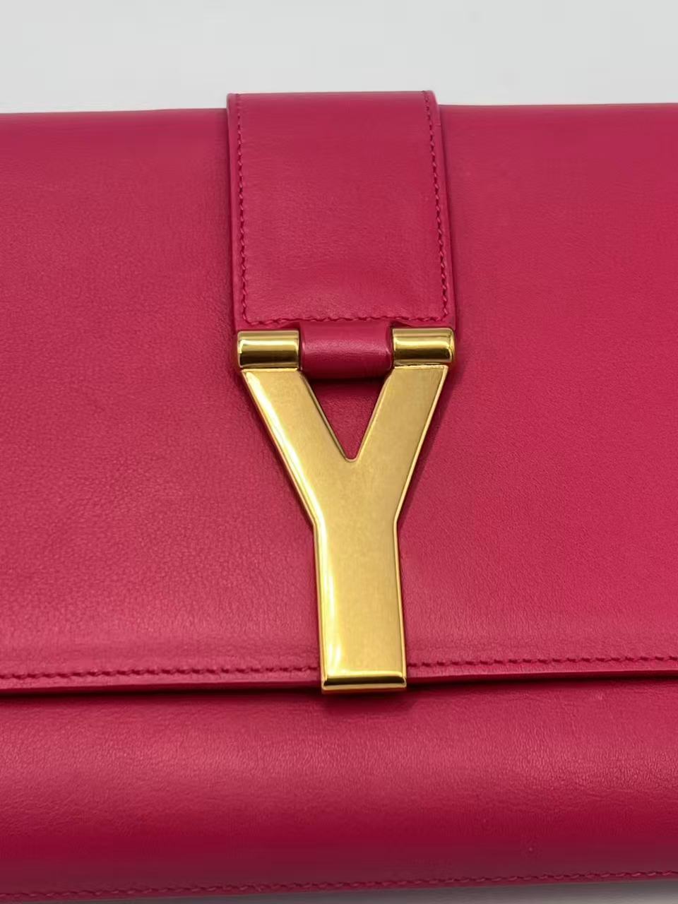 Saint Laurent Ligne Y Clutch – Fuchsia Pink Calfskin Leather – Classic Gold Y-Hardware