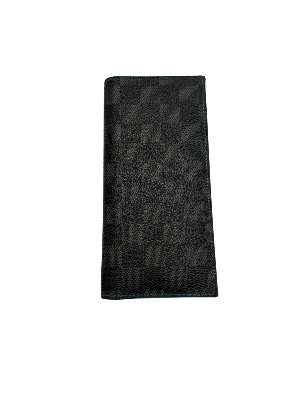A black and dark gray checkered leather wallet, featuring a textured checkerboard pattern, shown closed on a plain white background.