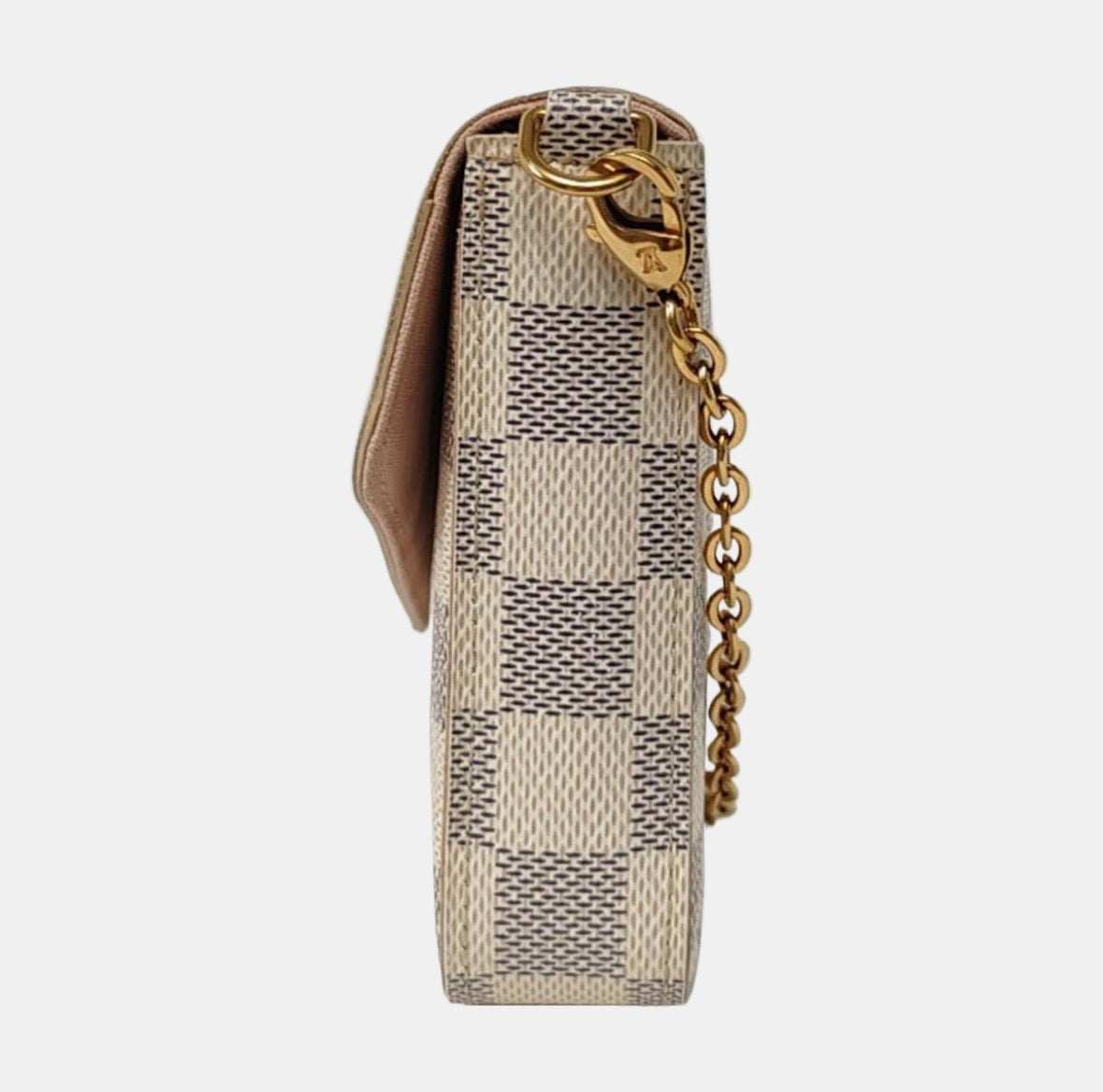 lv preloved Designer handbag with checkered pattern and gold chain in damier azur canvas side view