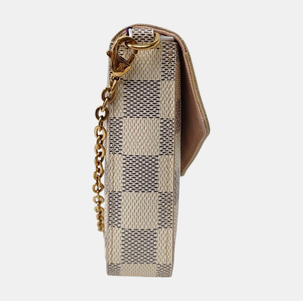 pre-owned lv Designer handbag felicie pochette with checkered pattern and gold chain side view