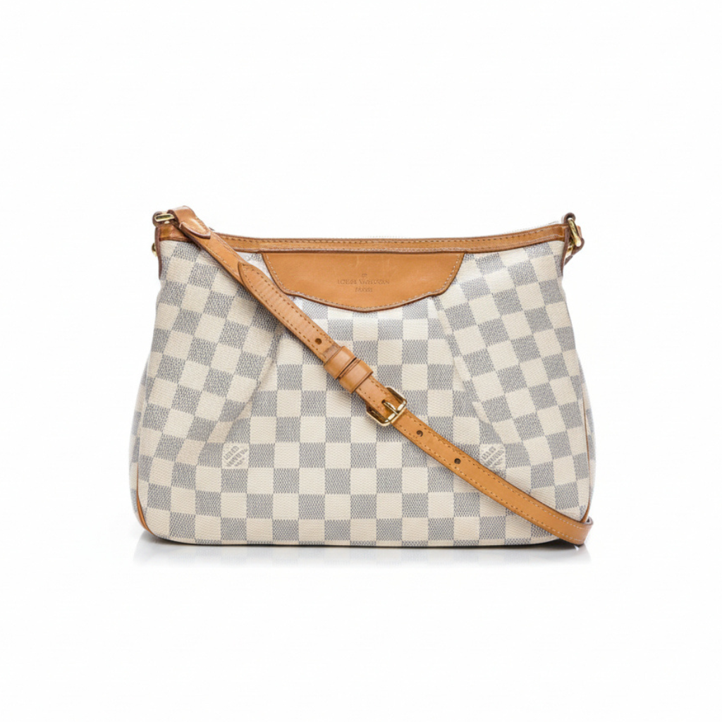 Pre-loved authentic louis vuitton siracusa pm crossbody bag with classic damier azur canvas and vachetta leatber and adjustable strap