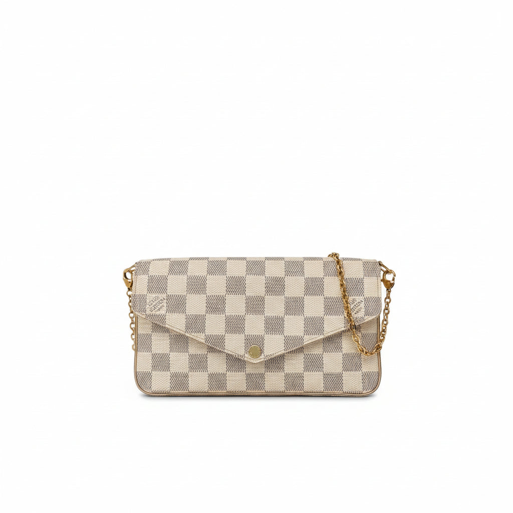 Checkered handbag with gold chain LOUIS VUITTON FELICIE POCHETTE SHOULDER BAG DAMIER AZUR canvas in very good condition 