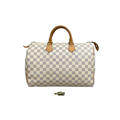 Front view of a Louis Vuitton Speedy 30 handbag in Damier Azur white and blue checkered canvas, featuring natural leather handles and an authentic gold-tone padlock with keys.