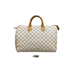 Front view of a Louis Vuitton Speedy 30 handbag in Damier Azur white and blue checkered canvas, featuring natural leather handles and an authentic gold-tone padlock with keys.