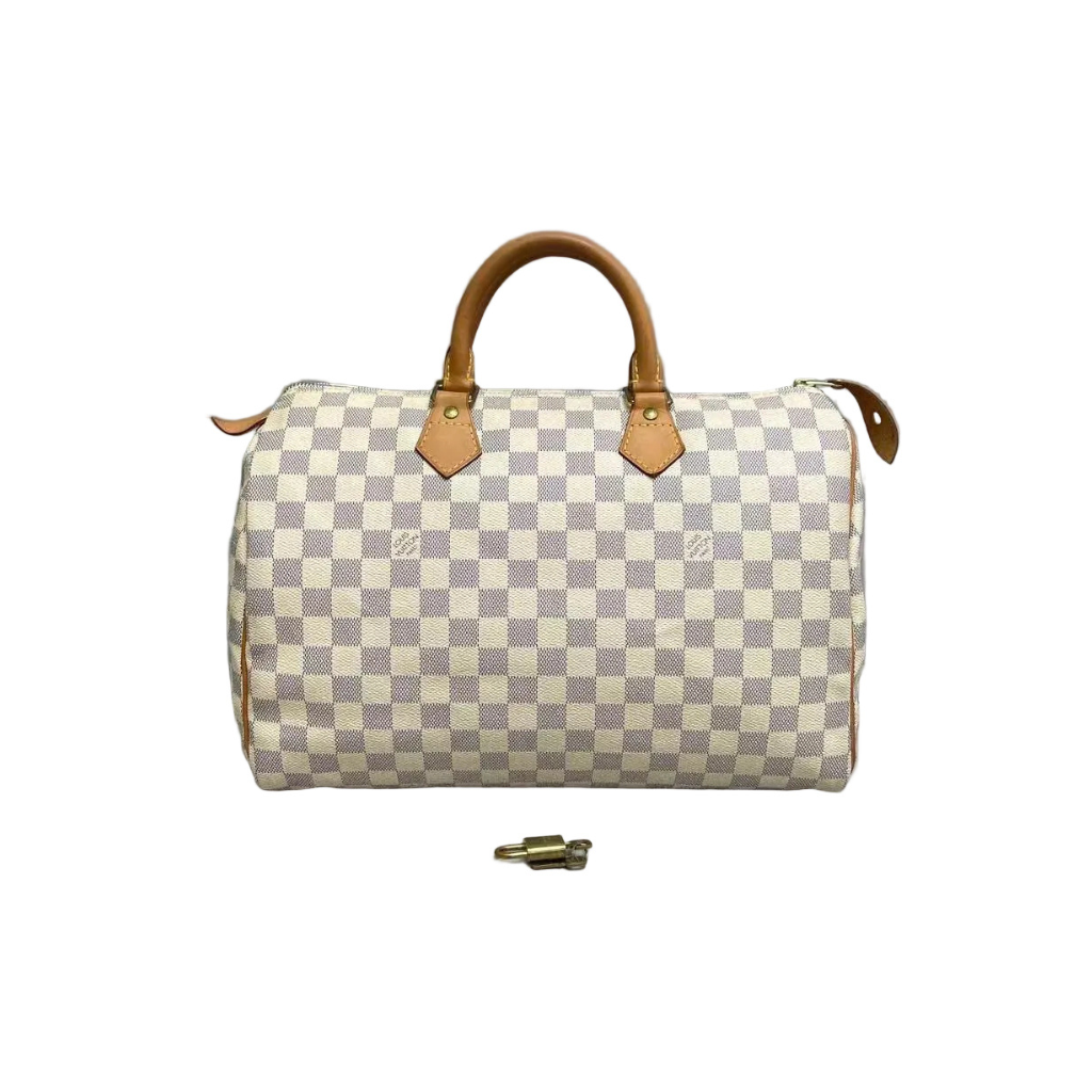 Front view of a Louis Vuitton Speedy 30 handbag in Damier Azur white and blue checkered canvas, featuring natural leather handles and an authentic gold-tone padlock with keys.