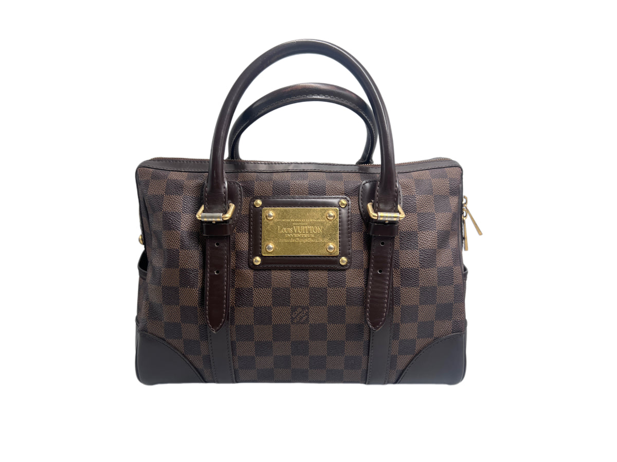 Authentic pre-owned 2009 Louis Vuitton Berkeley tote bag in Damier Ebene coated canvas featuring a gold Louis Vuitton Inventeur plaque and dark brown leather trim.