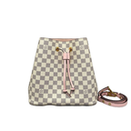 Front view of a Louis Vuitton NeoNoe MM bucket bag in Damier Azur canvas featuring a Rose Ballerine pink leather drawstring, adjustable shoulder strap, and gold-tone hardware on a white background.
