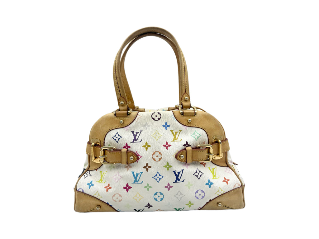 preowned authentic Louis Vuitton Murakami white multicolor Claudia Top Handle Bag with vachetta leather 