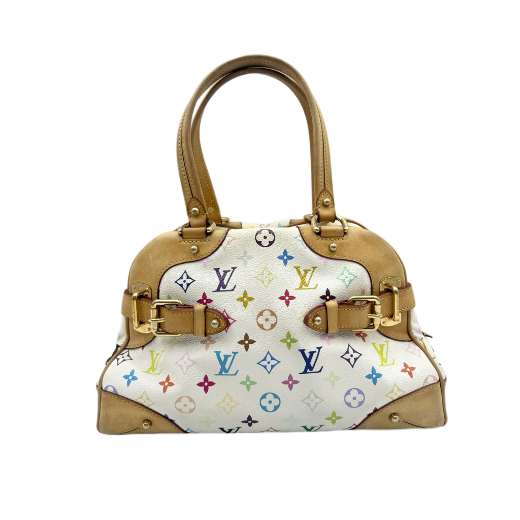 preowned authentic Louis Vuitton Murakami white multicolor Claudia Top Handle Bag with vachetta leather 