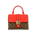 front of view of louis vuitton locky bb satchel bag with crossbody strap in red leather and monogram canvas 