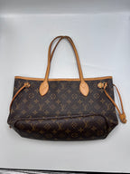 Louis Vuitton Monogram Neverfull PM tote bag with Vachetta leather handles and side laces