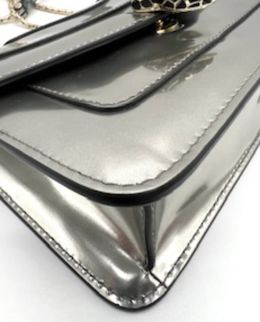Bvlgari Serpenti Forever Bag in Silver Metallic Patent Leather with Jewel Head