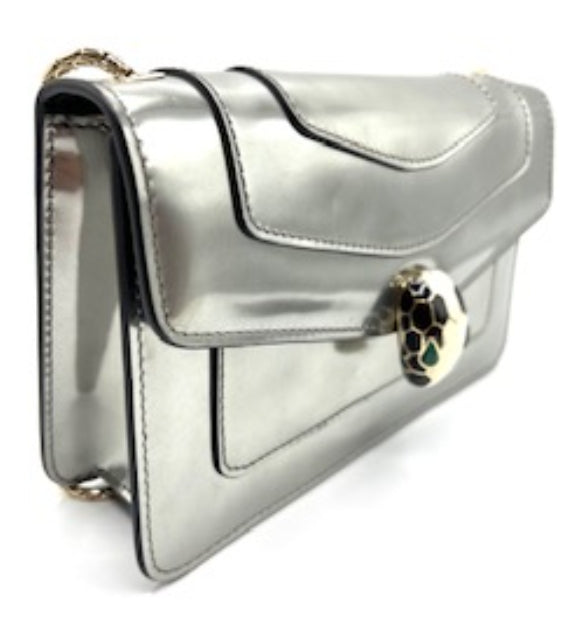 Bvlgari Serpenti Forever Bag in Silver Metallic Patent Leather with Jewel Head