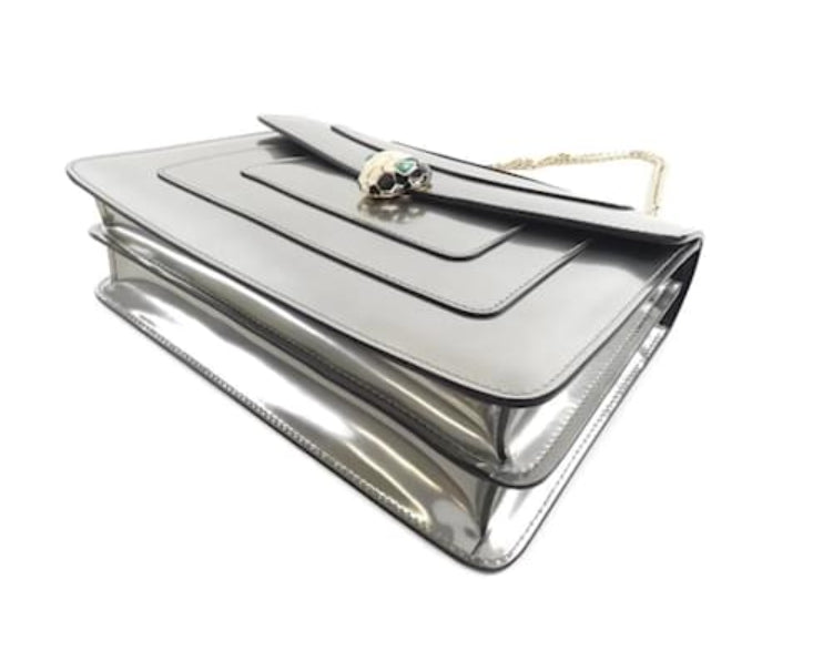 Bvlgari Serpenti Forever Bag in Silver Metallic Patent Leather with Jewel Head