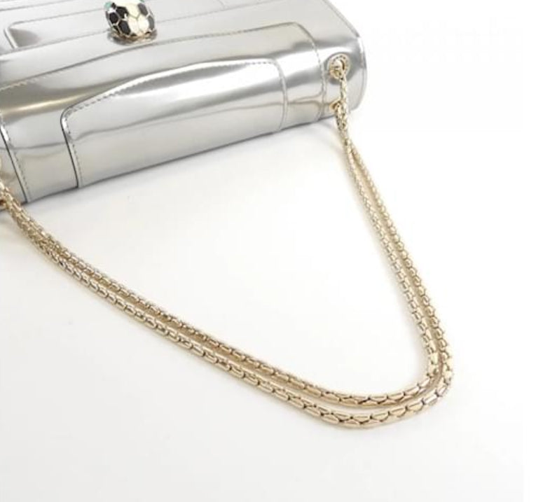Bvlgari Serpenti Forever Bag in Silver Metallic Patent Leather with Jewel Head