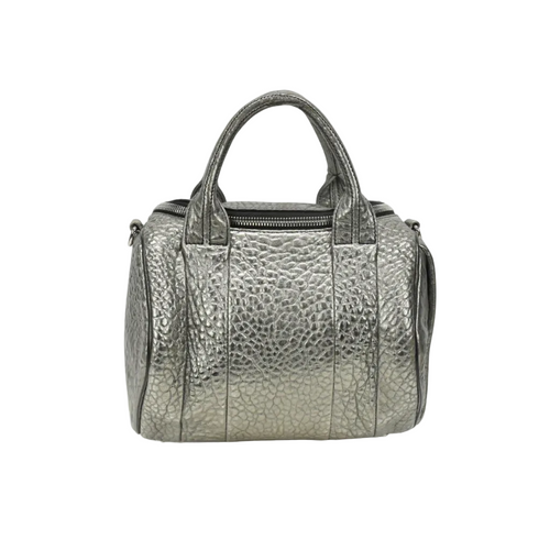 Front view of the black pebbled leather Alexander Wang Rockie bag with top handles.