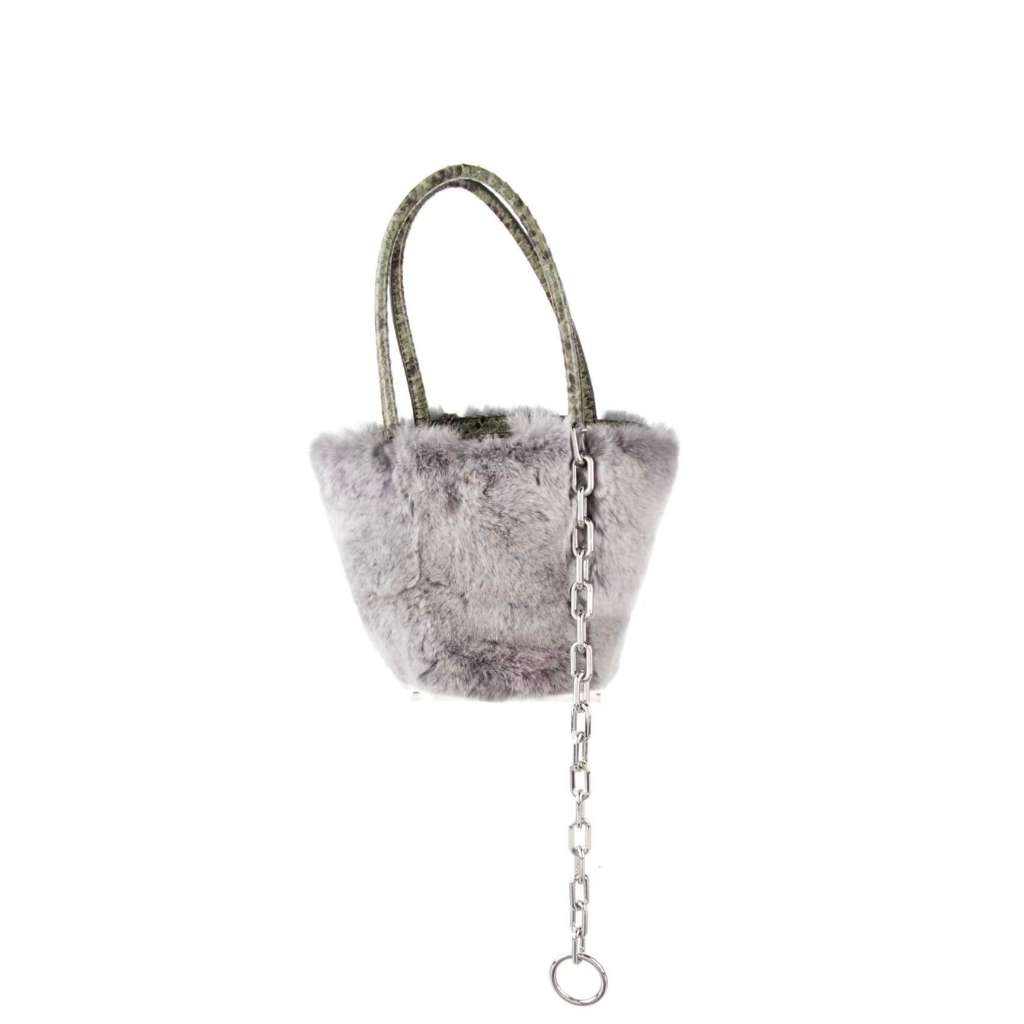 authentic alexander wang rabbit fur bucket tote bag with silver hardware for sale 
