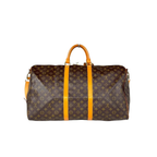 Louis Vuitton monogram canvas duffel bag with tan leather handles and side straps, shown against a plain white background.