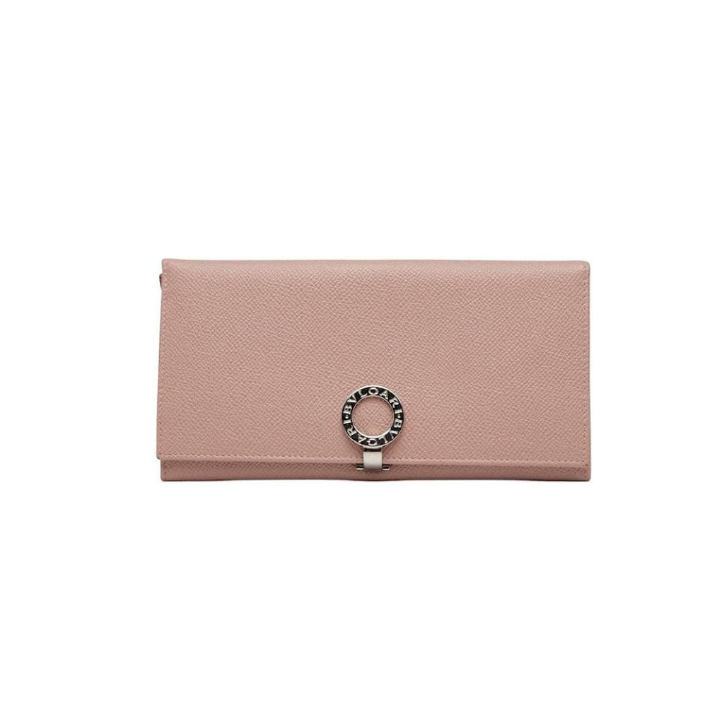 Front view of a pink Bvlgari Bulgari Bulgari long continental wallet with a silver-tone circular logo clip.