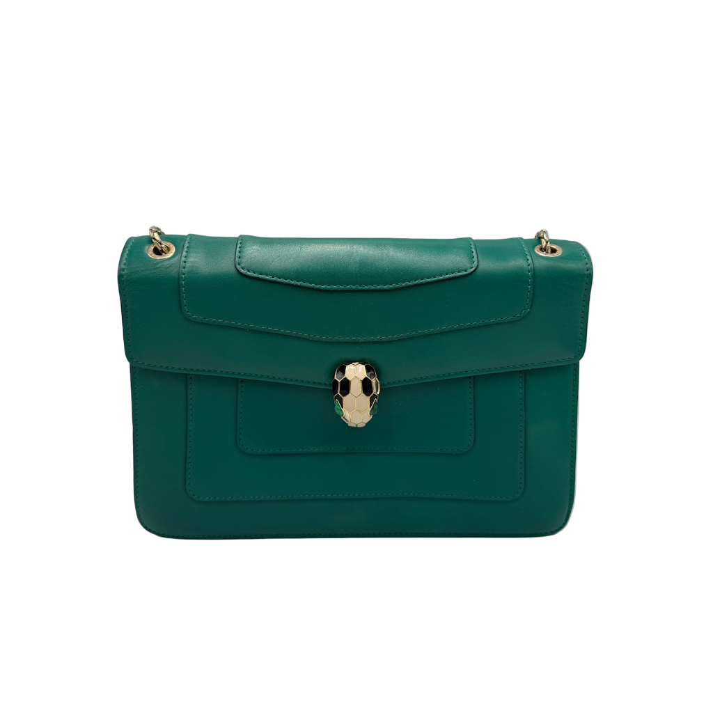 Bvlgari Serpenti Forever emerald green leather crossbody bag with enamel snake head clasp