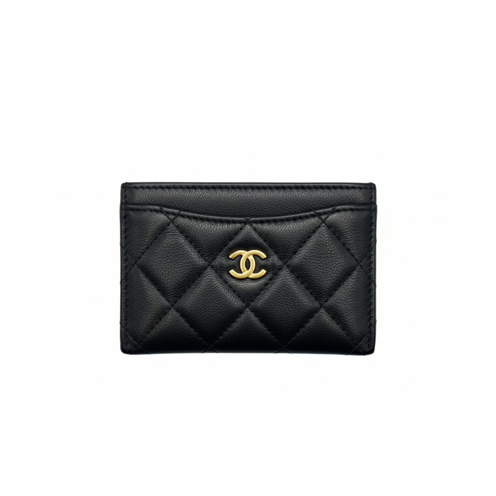 preowned authentic chanel black soft lambskin with gold hardware card holder for sale at discount price designer luxury wallet 